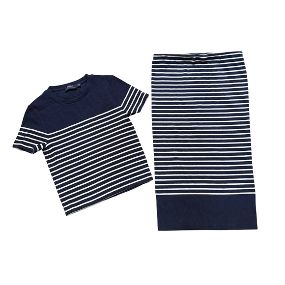 Polo Ralph Lauren Skirt Set Women Navy Blue Excellent Striped Ribbed SIZE M